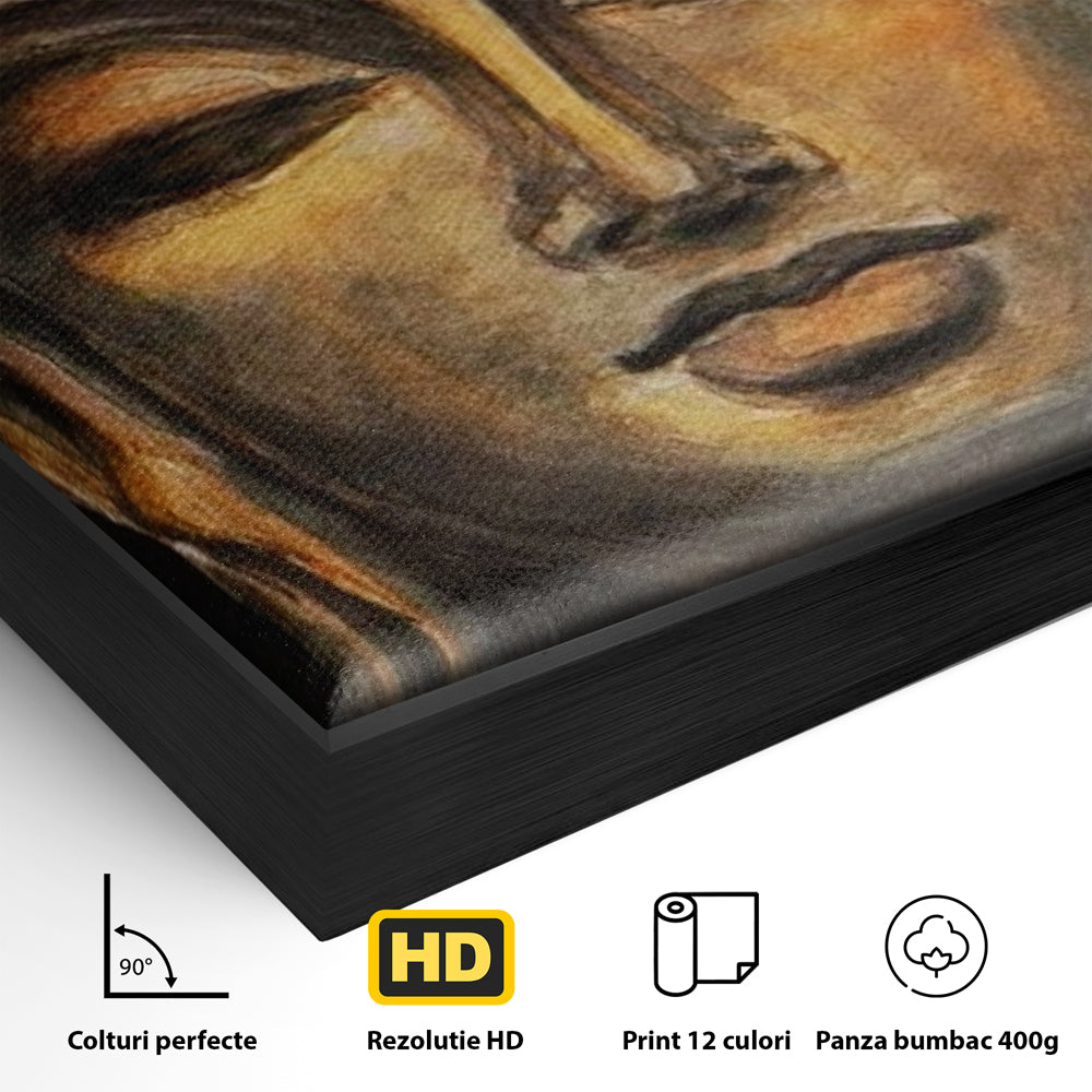 Detaliu al suprafetei: pictura cu chipul lui buddha, in rama de aluminiu negru