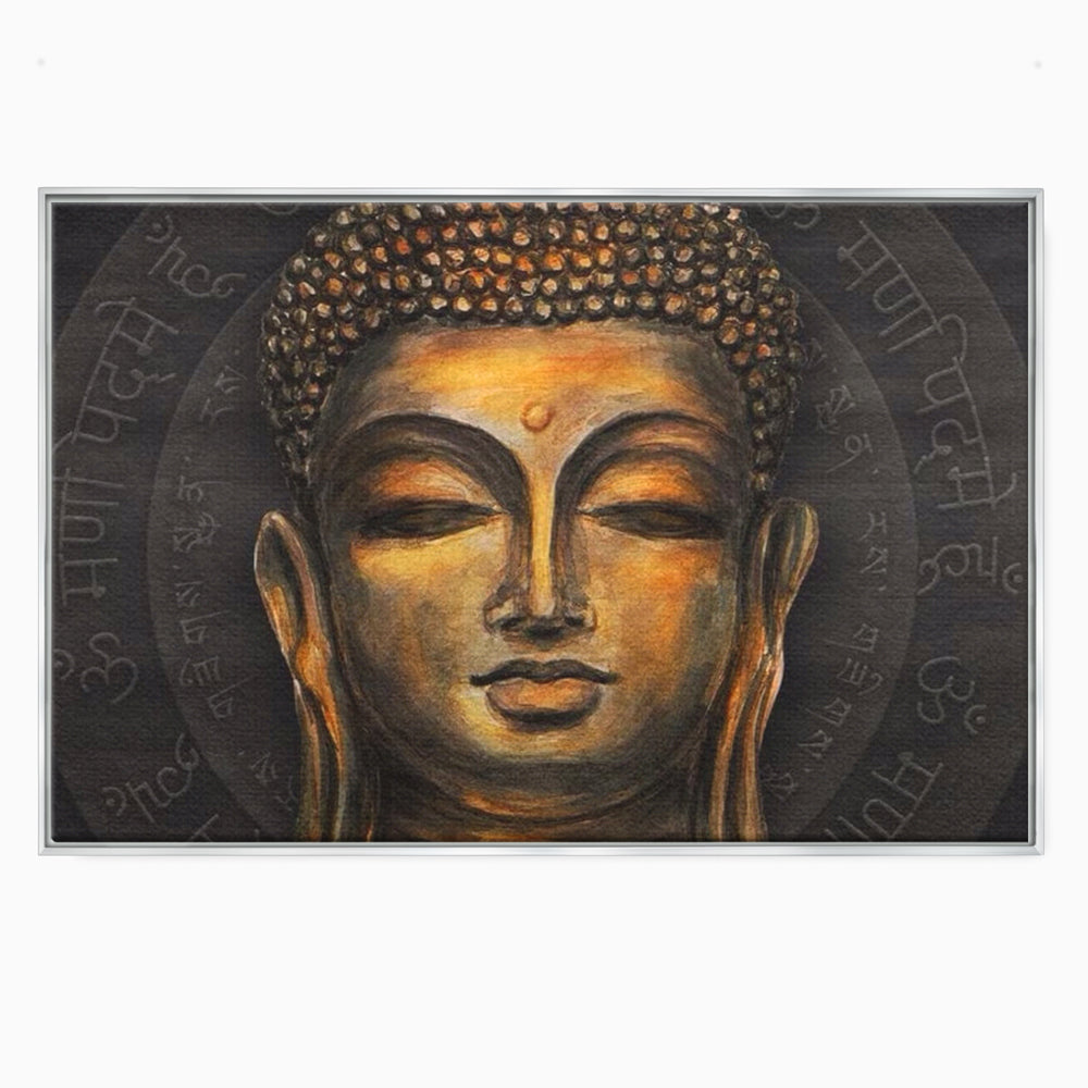 Tablou canvas cu pictura cu chipul lui buddha, in rama de aluminiu argintiu