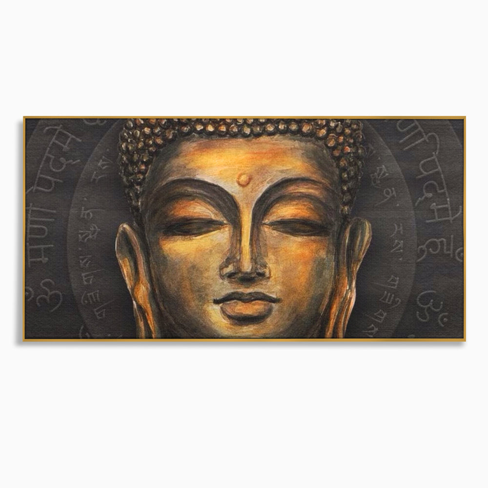 Tablou canvas cu pictura cu chipul lui buddha, in rama de aluminiu auriu