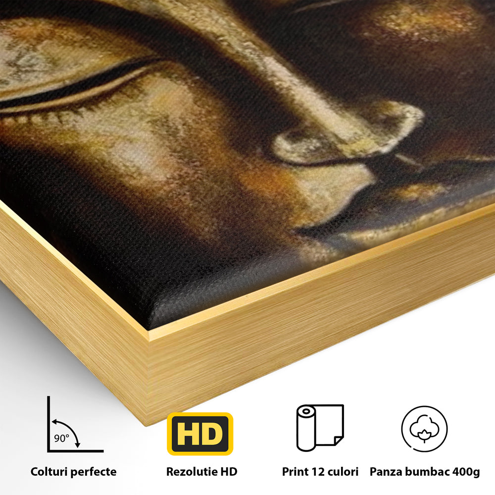 Detaliu al suprafetei: pictura cu chipul lui buddha in nuante aurii, in rama de aluminiu auriu