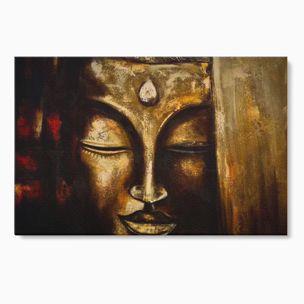 Tablou canvas cu pictura cu chipul lui buddha in nuante aurii, fara rama, pe sasiu de lemn