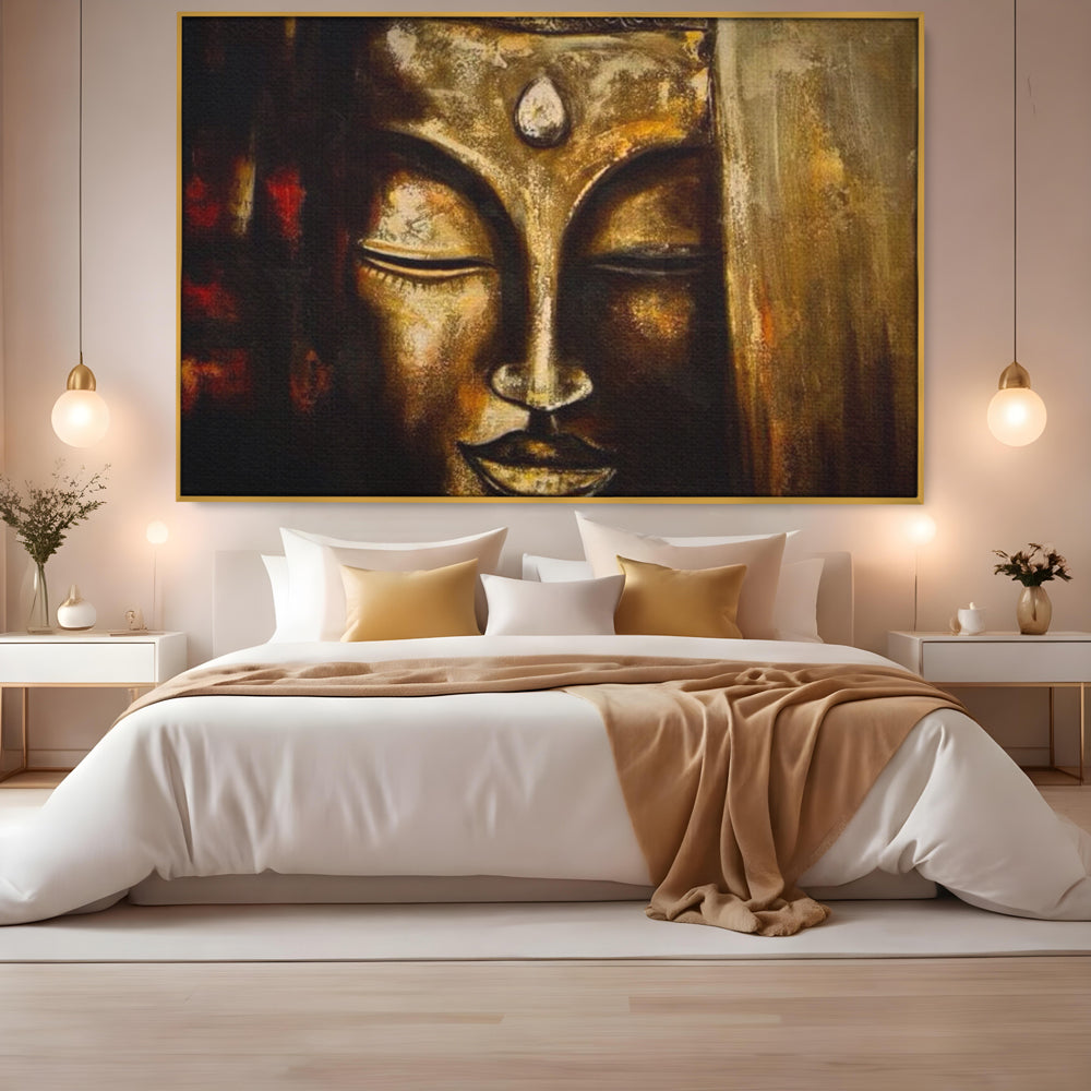 Tablou canvas cu pictura cu chipul lui buddha in nuante aurii, in rama de aluminiu auriu, pe perete intr-un dormitor