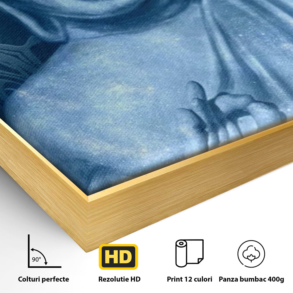 Detaliu al suprafetei: tablou canvas cu buddha albastru, in rama de aluminiu auriu