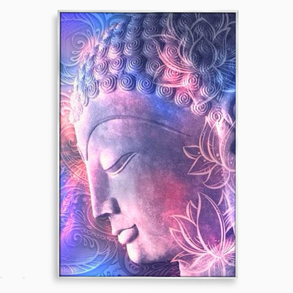 Tablou canvas cu tablou vertical cu profil de buddha, in rama de aluminiu argintiu