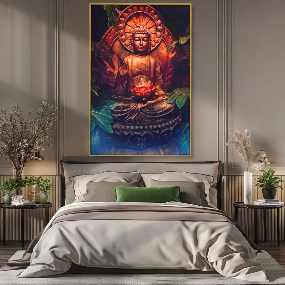 Tablou canvas cu tablou canvas cu statuie buddha in meditatie, in rama de aluminiu auriu, pe perete intr-un dormitor