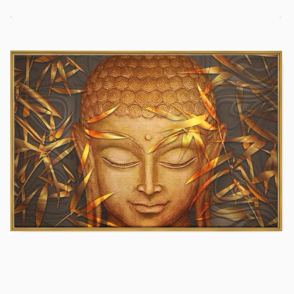 Tablou canvas cu tablou canvas cu chipul lui buddha, in rama de aluminiu auriu