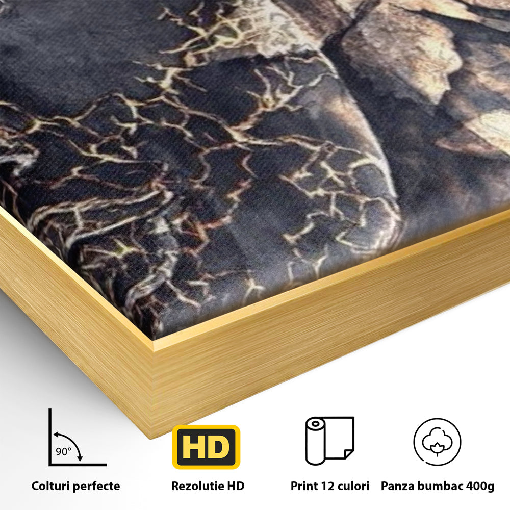 Detaliu al suprafetei: tablou canvas cu chipul lui buddha, in rama de aluminiu auriu