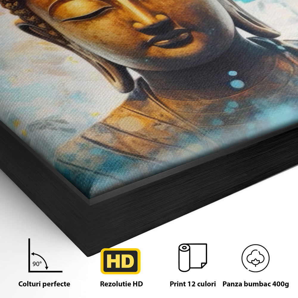 Detaliu al suprafetei: tablou canvas cu bustul lui buddha, in rama de aluminiu negru