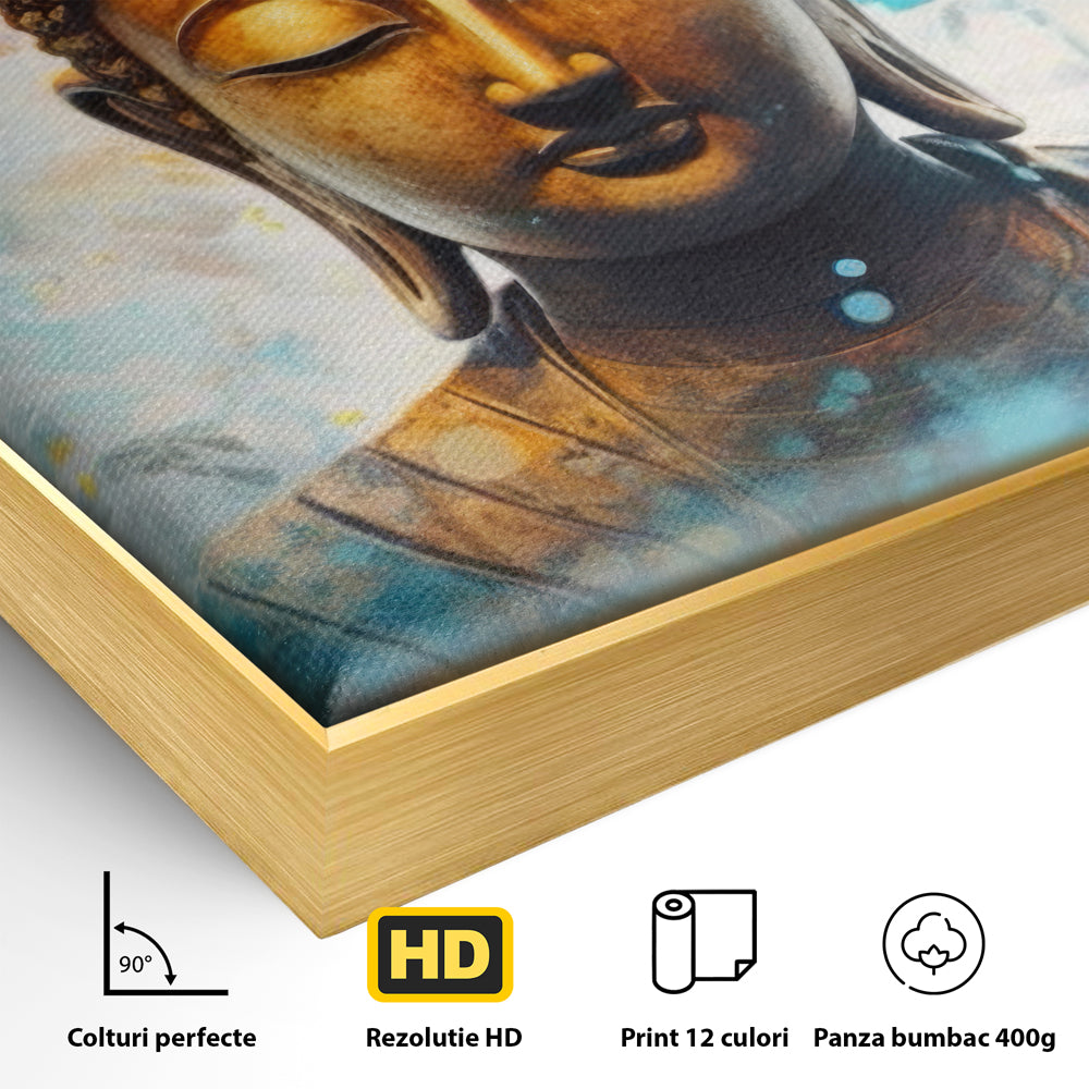 Detaliu al suprafetei: tablou canvas cu bustul lui buddha, in rama de aluminiu auriu