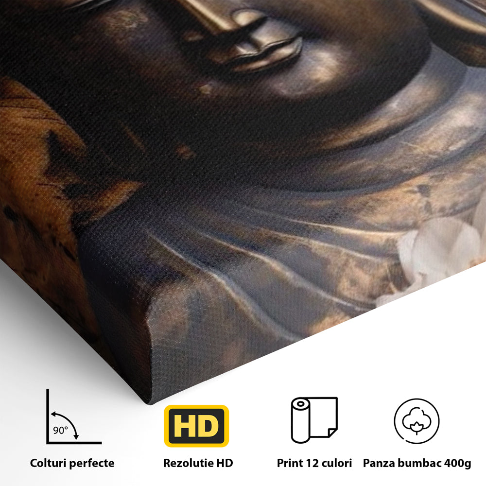 Detaliu al suprafetei: tablou canvas cu buddha si flori de lotus, fara rama, pe sasiu de lemn