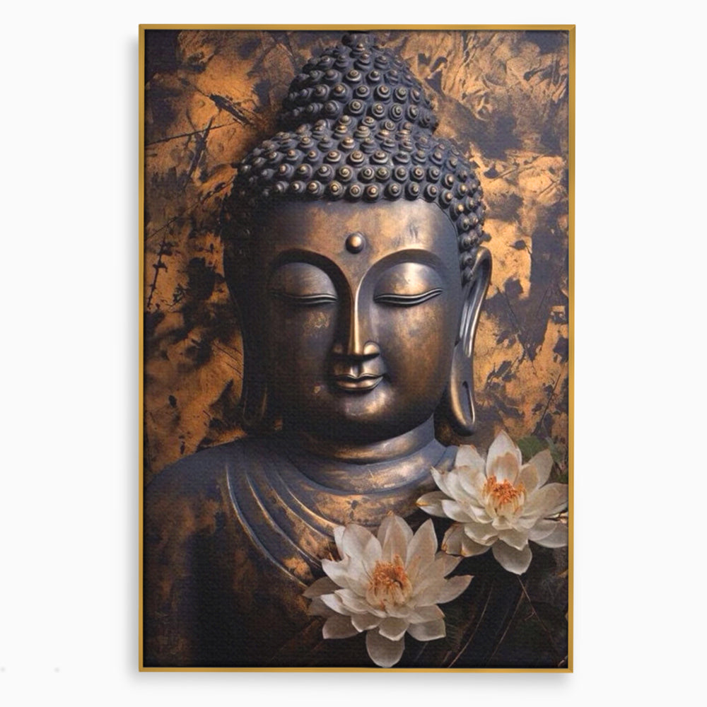 Tablou canvas cu tablou canvas cu buddha si flori de lotus, in rama de aluminiu auriu