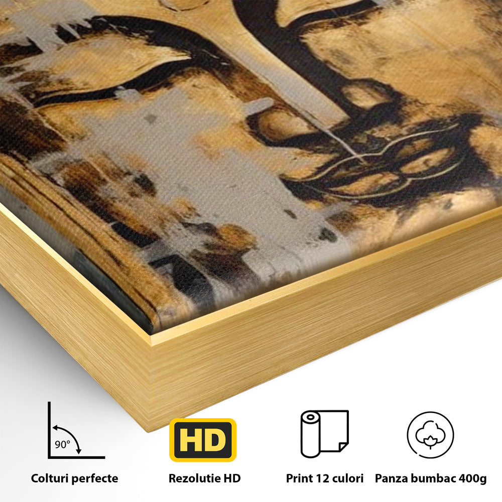 Detaliu al suprafetei: tablou canvas cu chipul lui buddha, in rama de aluminiu auriu