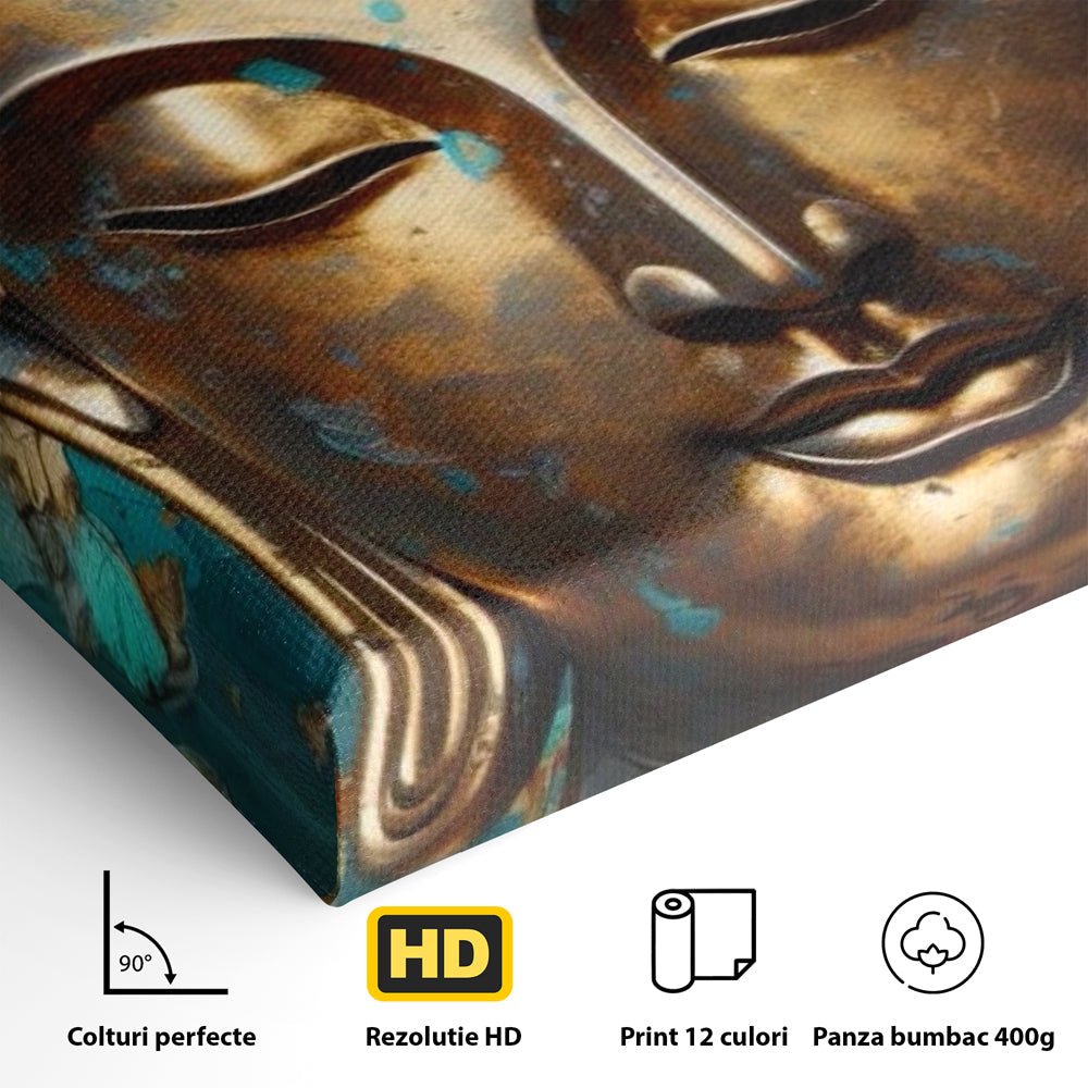 Detaliu al suprafetei: tablou canvas cu capul lui buddha aurit, fara rama, pe sasiu de lemn