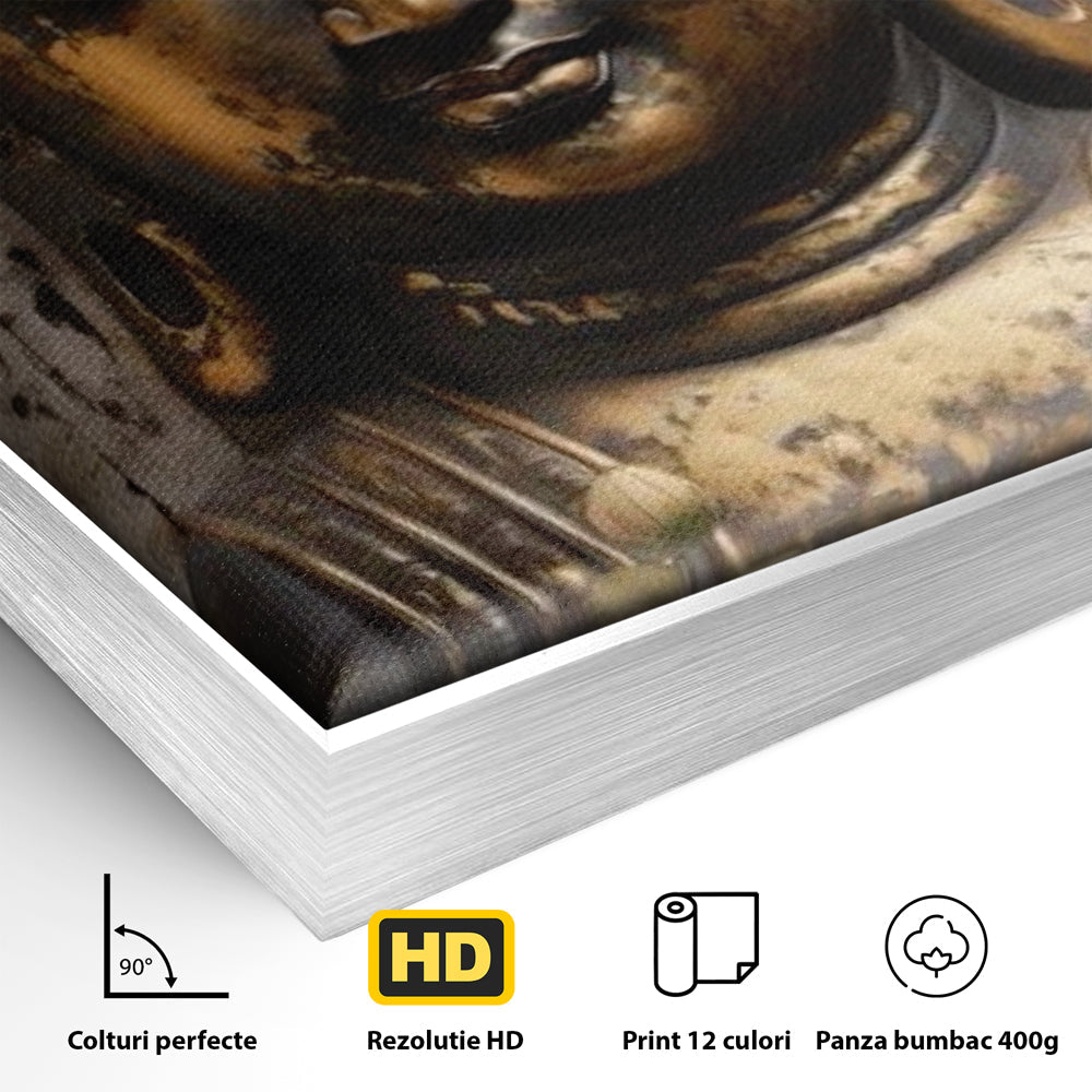 Detaliu al suprafetei: tablou canvas cu capul lui buddha, in rama de aluminiu argintiu