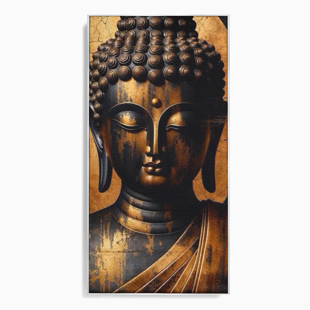 Tablou canvas cu tablou canvas cu capul lui buddha, in rama de aluminiu argintiu