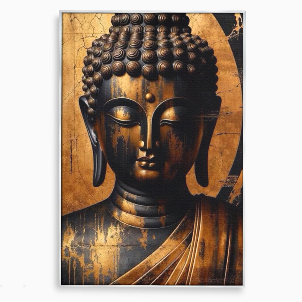 Tablou canvas cu tablou canvas cu capul lui buddha, in rama de aluminiu argintiu