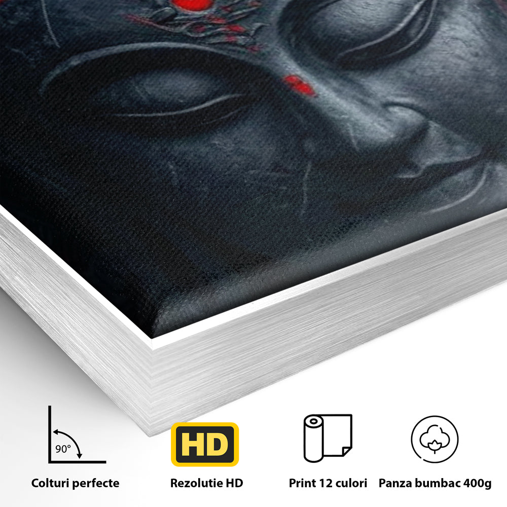 Detaliu al suprafetei: tablou canvas cu capul lui buddha, in rama de aluminiu argintiu