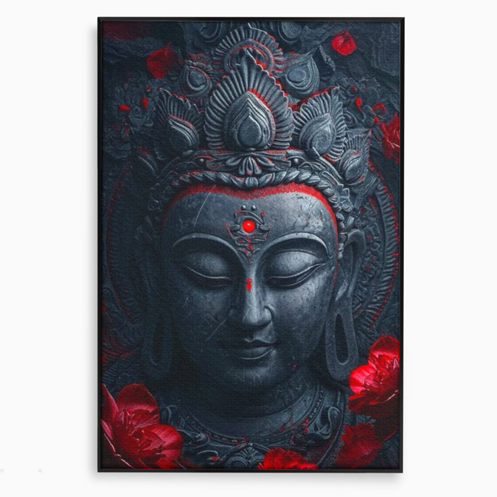 Tablou canvas cu tablou canvas cu capul lui buddha, in rama de aluminiu negru