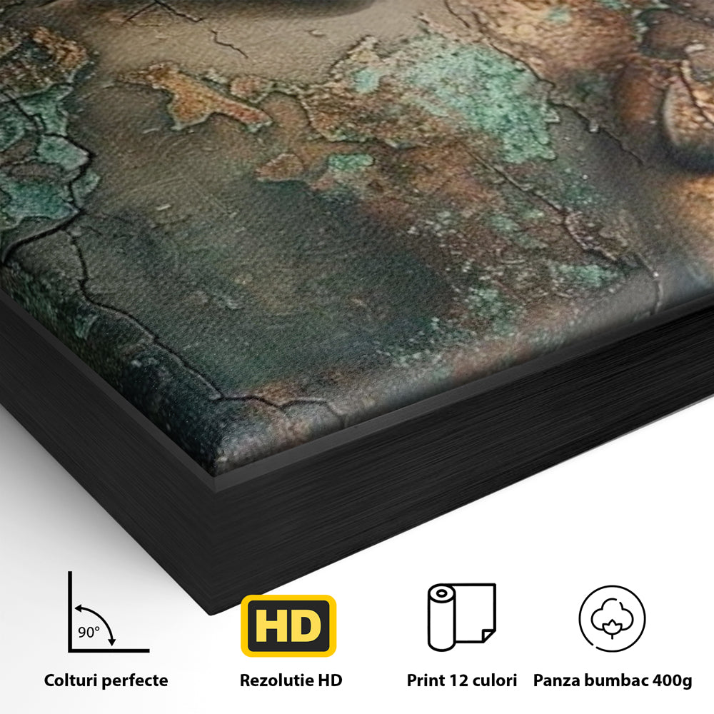 Detaliu al suprafetei: tablou canvas cu profil de buddha, in rama de aluminiu negru