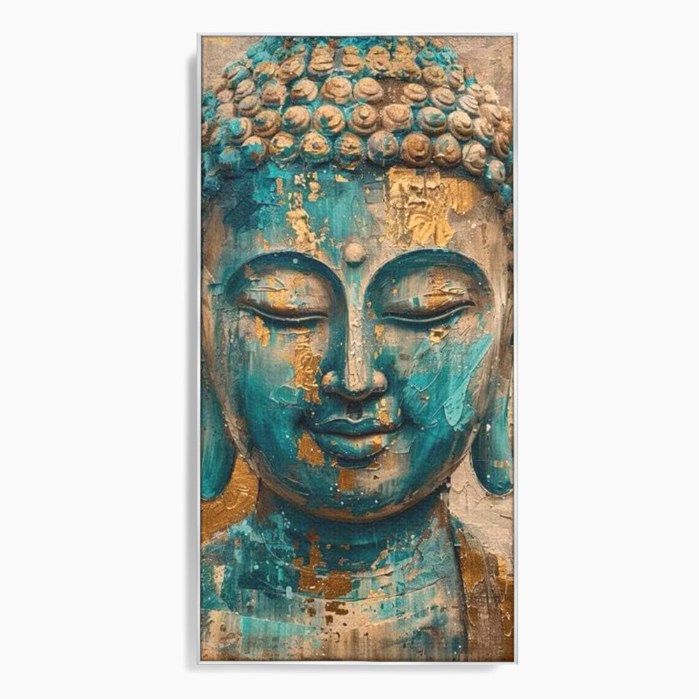 Tablou canvas cu tablou canvas cu capul lui buddha, in rama de aluminiu argintiu