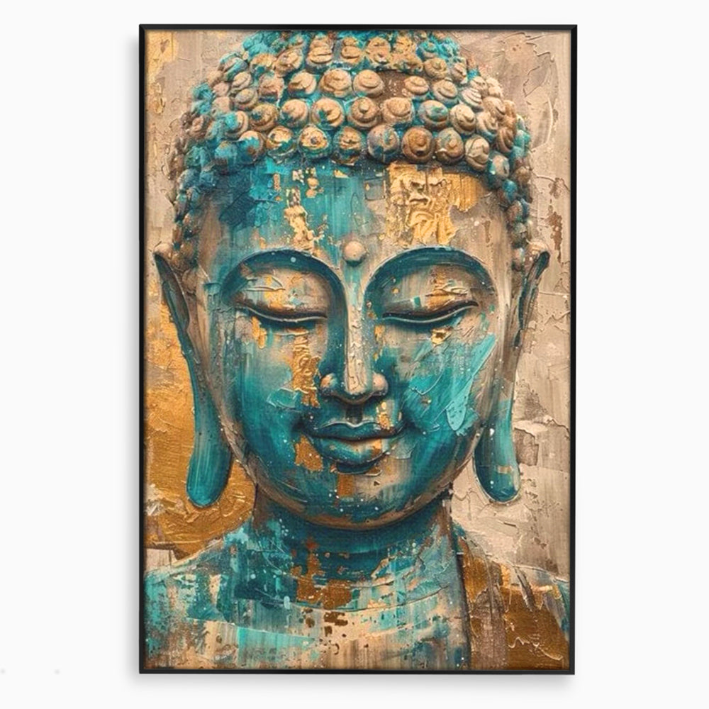 Tablou canvas cu tablou canvas cu capul lui buddha, in rama de aluminiu negru