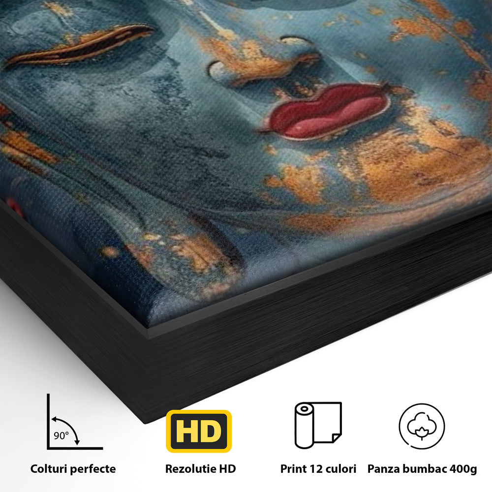 Detaliu al suprafetei: tablou canvas cu chipul lui buddha, in rama de aluminiu negru