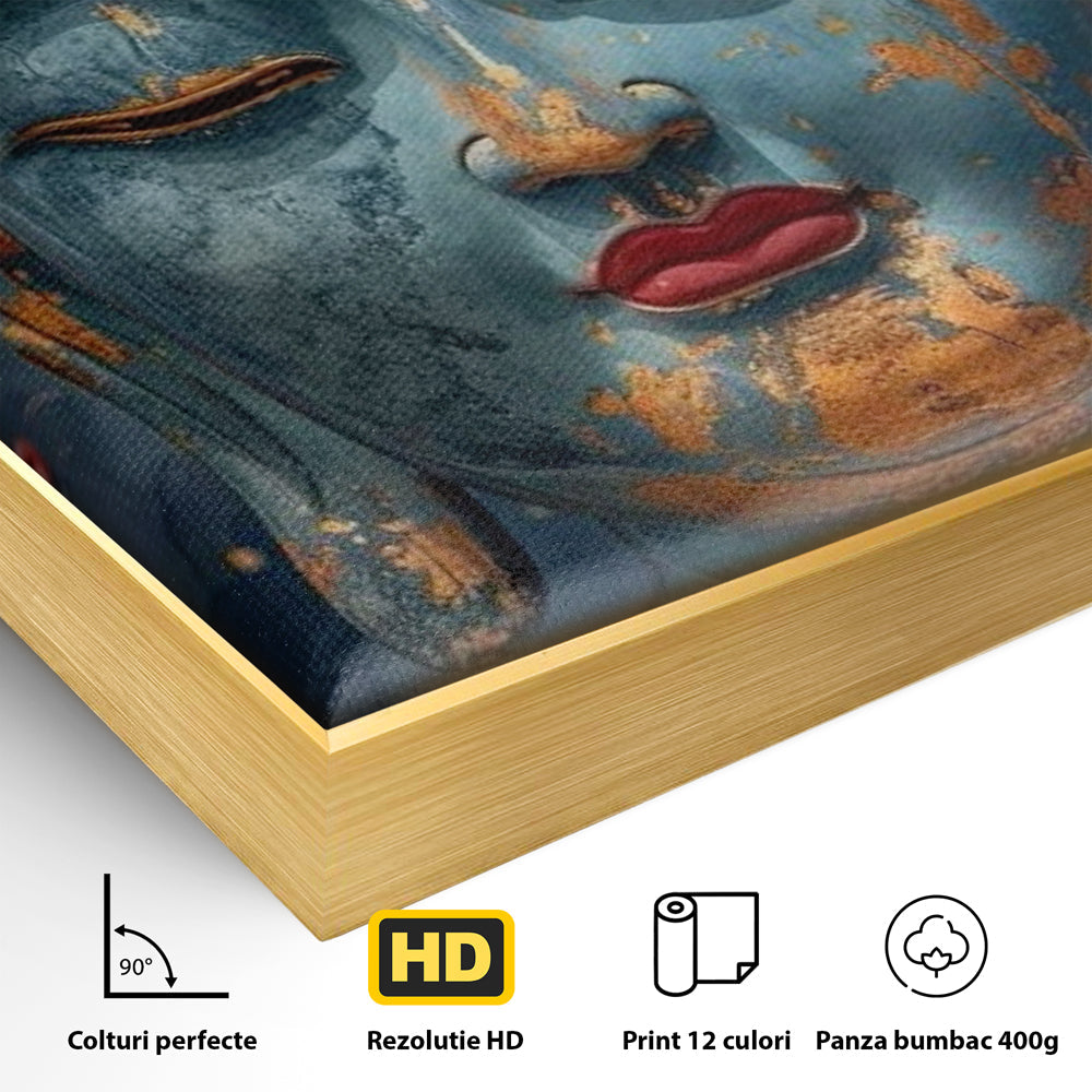 Detaliu al suprafetei: tablou canvas cu chipul lui buddha, in rama de aluminiu auriu