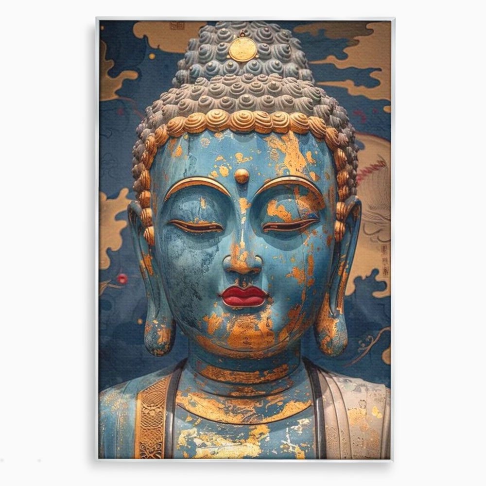 Tablou canvas cu tablou canvas cu chipul lui buddha, in rama de aluminiu argintiu