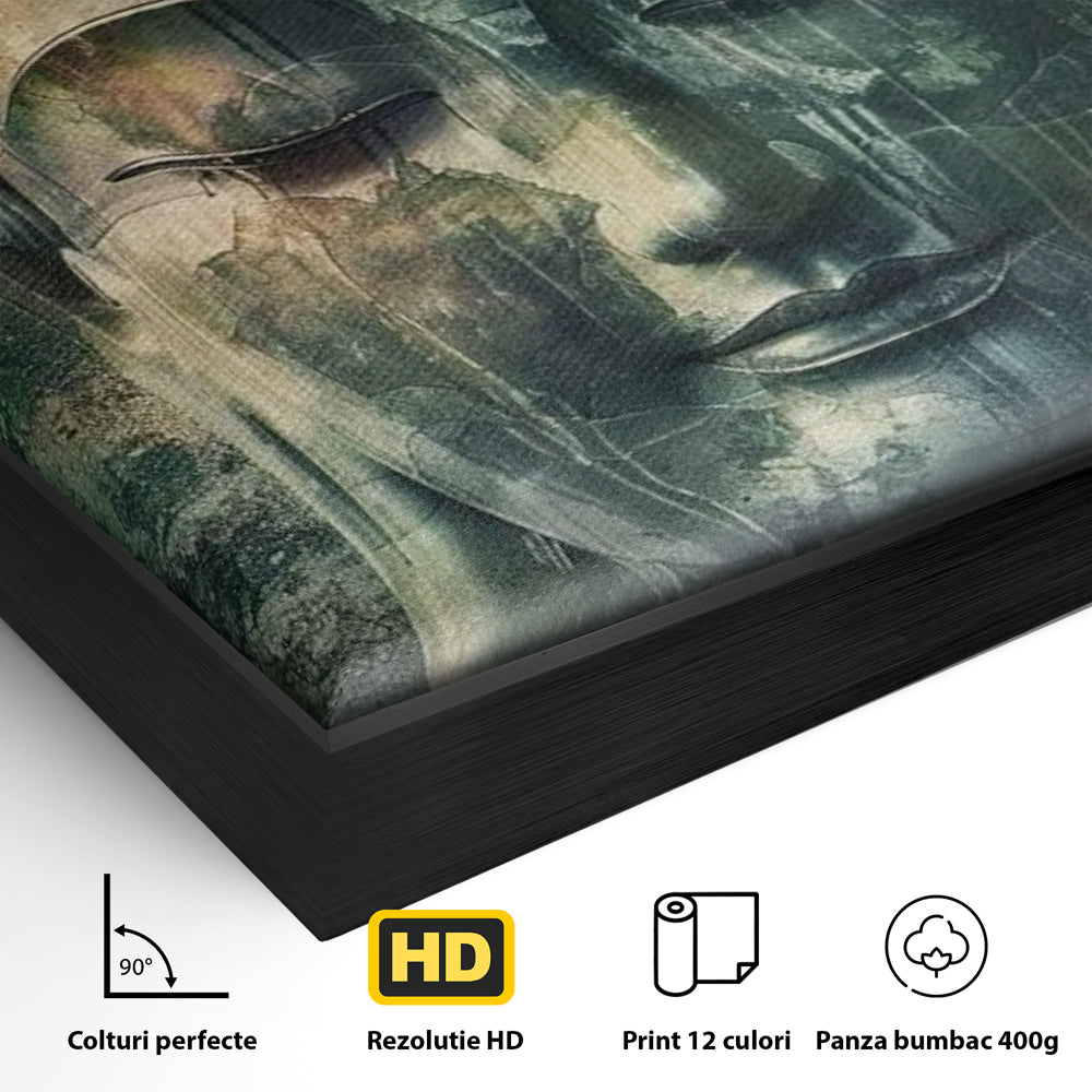 Detaliu al suprafetei: tablou canvas cu chipul lui buddha, in rama de aluminiu negru