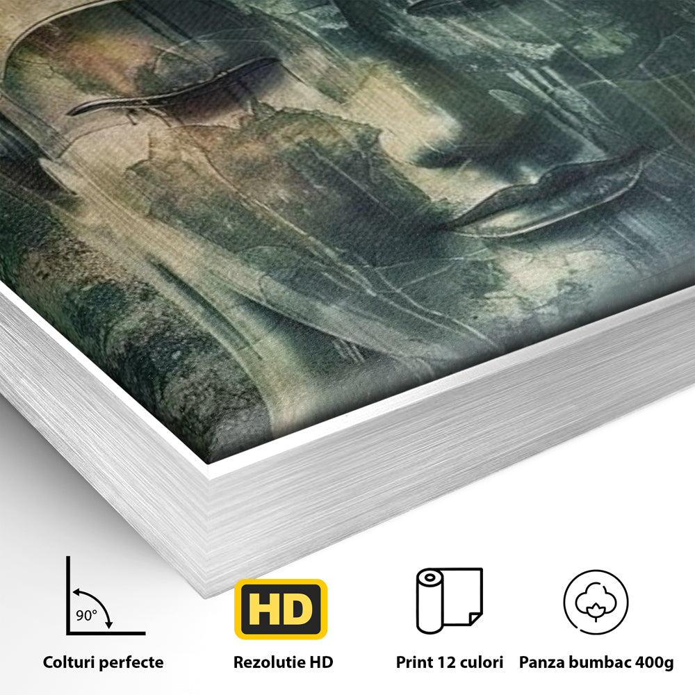 Detaliu al suprafetei: tablou canvas cu chipul lui buddha, in rama de aluminiu argintiu