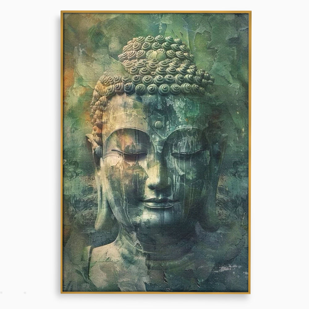 Tablou canvas cu tablou canvas cu chipul lui buddha, in rama de aluminiu auriu