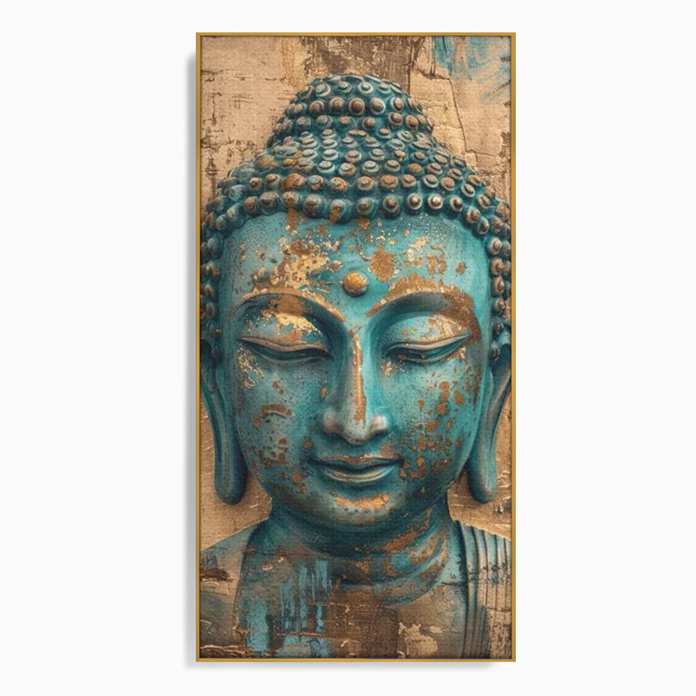 Tablou canvas cu tablou canvas cu capul lui buddha turcoaz, in rama de aluminiu auriu