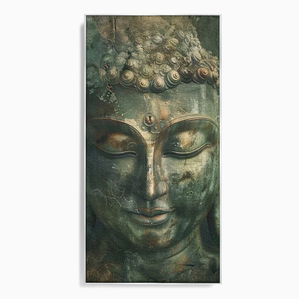 Tablou canvas cu tablou canvas cu portretul lui buddha, in rama de aluminiu argintiu
