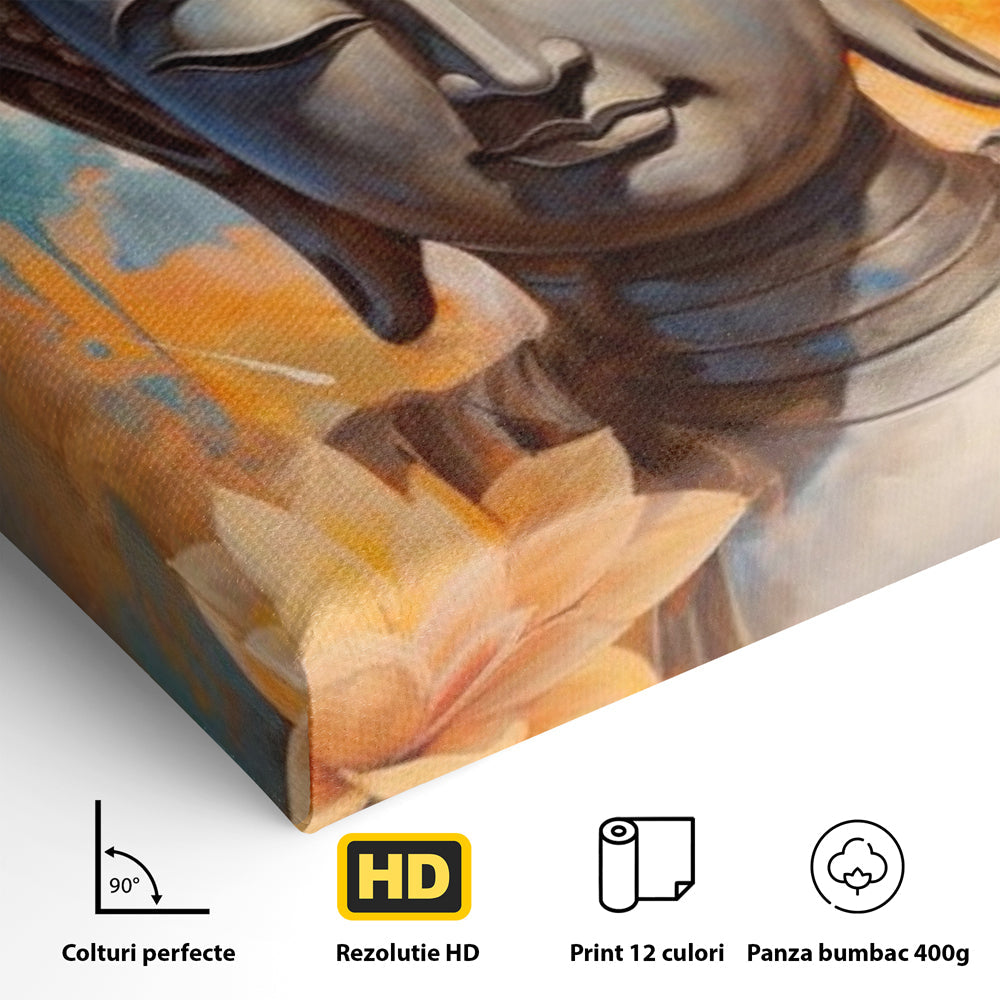Detaliu al suprafetei: tablou canvas cu buddha si flori de lotus, fara rama, pe sasiu de lemn