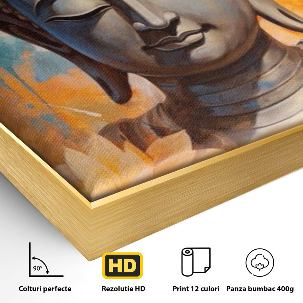 Detaliu al suprafetei: tablou canvas cu buddha si flori de lotus, in rama de aluminiu auriu