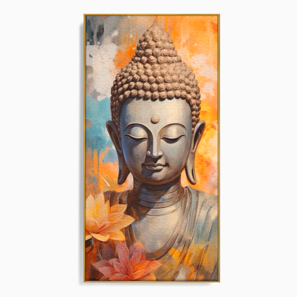 Tablou canvas cu tablou canvas cu buddha si flori de lotus, in rama de aluminiu auriu