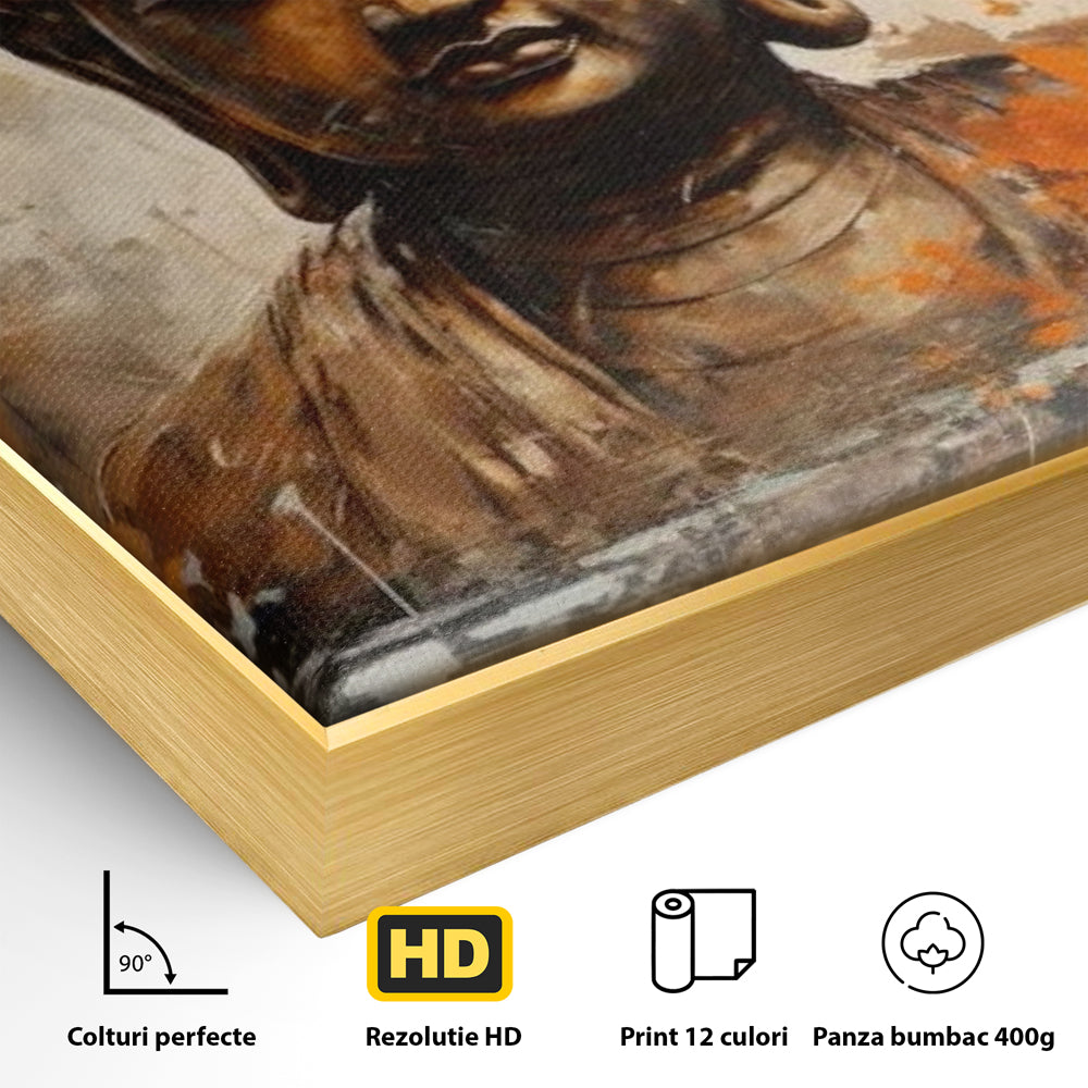 Detaliu al suprafetei: tablou canvas cu bustul lui buddha, in rama de aluminiu auriu