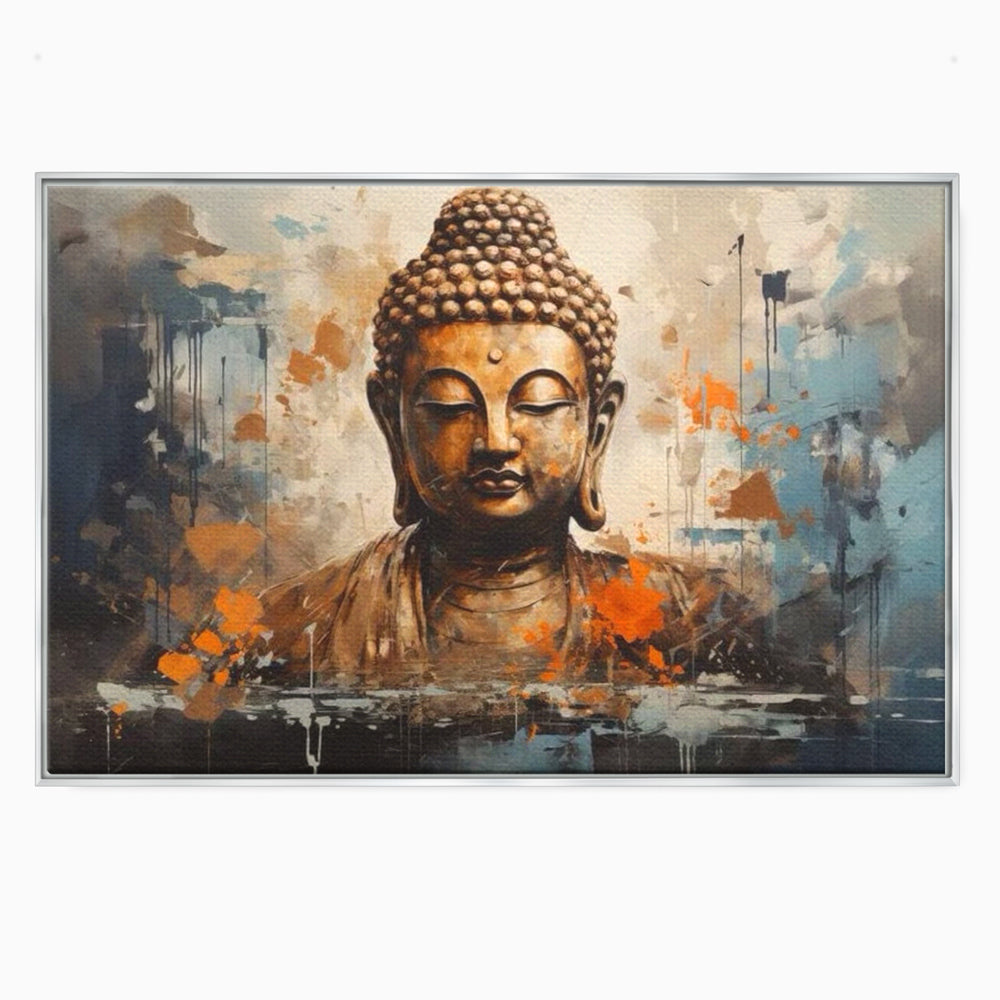 Tablou canvas cu tablou canvas cu bustul lui buddha, in rama de aluminiu argintiu