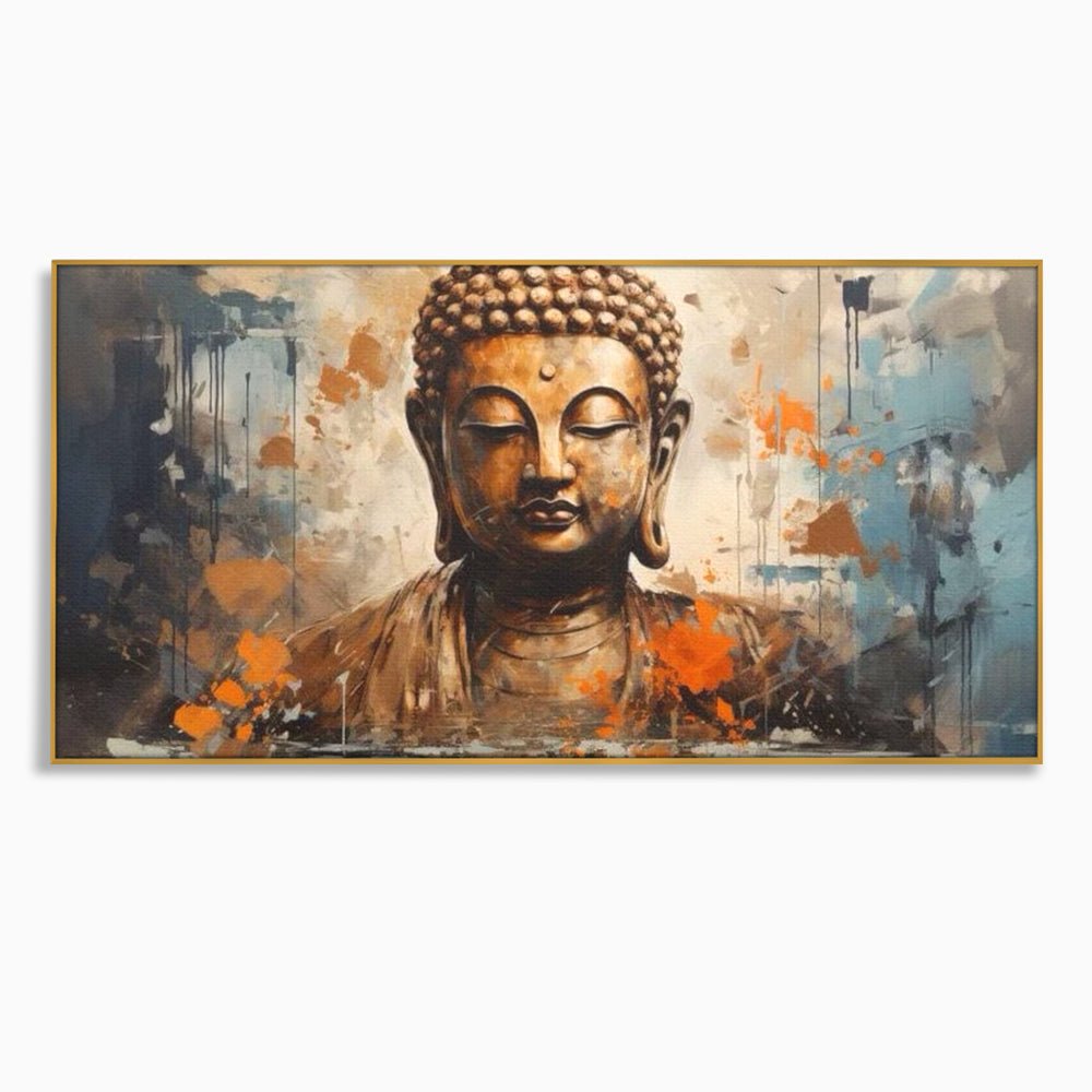 Tablou canvas cu tablou canvas cu bustul lui buddha, in rama de aluminiu auriu