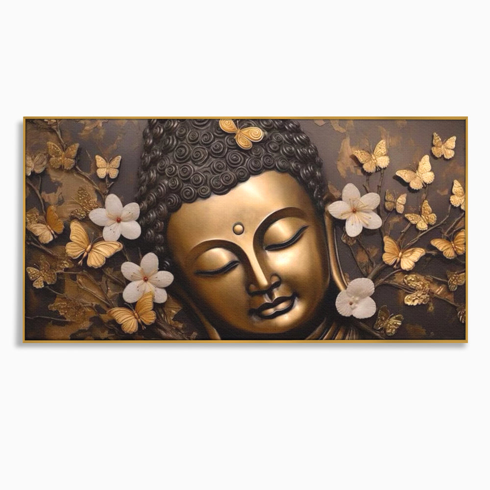 Tablou canvas cu tablou canvas cu capul lui buddha, in rama de aluminiu auriu