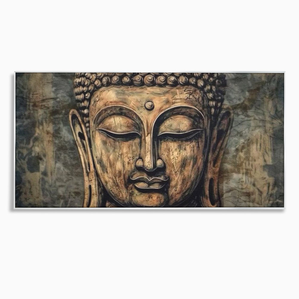 Tablou canvas cu tablou canvas cu capul lui buddha, in rama de aluminiu argintiu