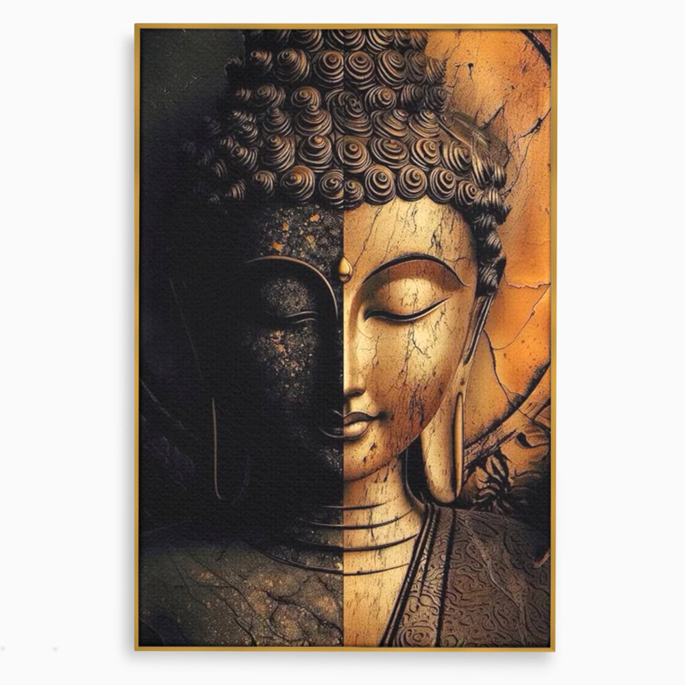 Tablou canvas cu tablou canvas cu chipul lui buddha in doua culori, in rama de aluminiu auriu