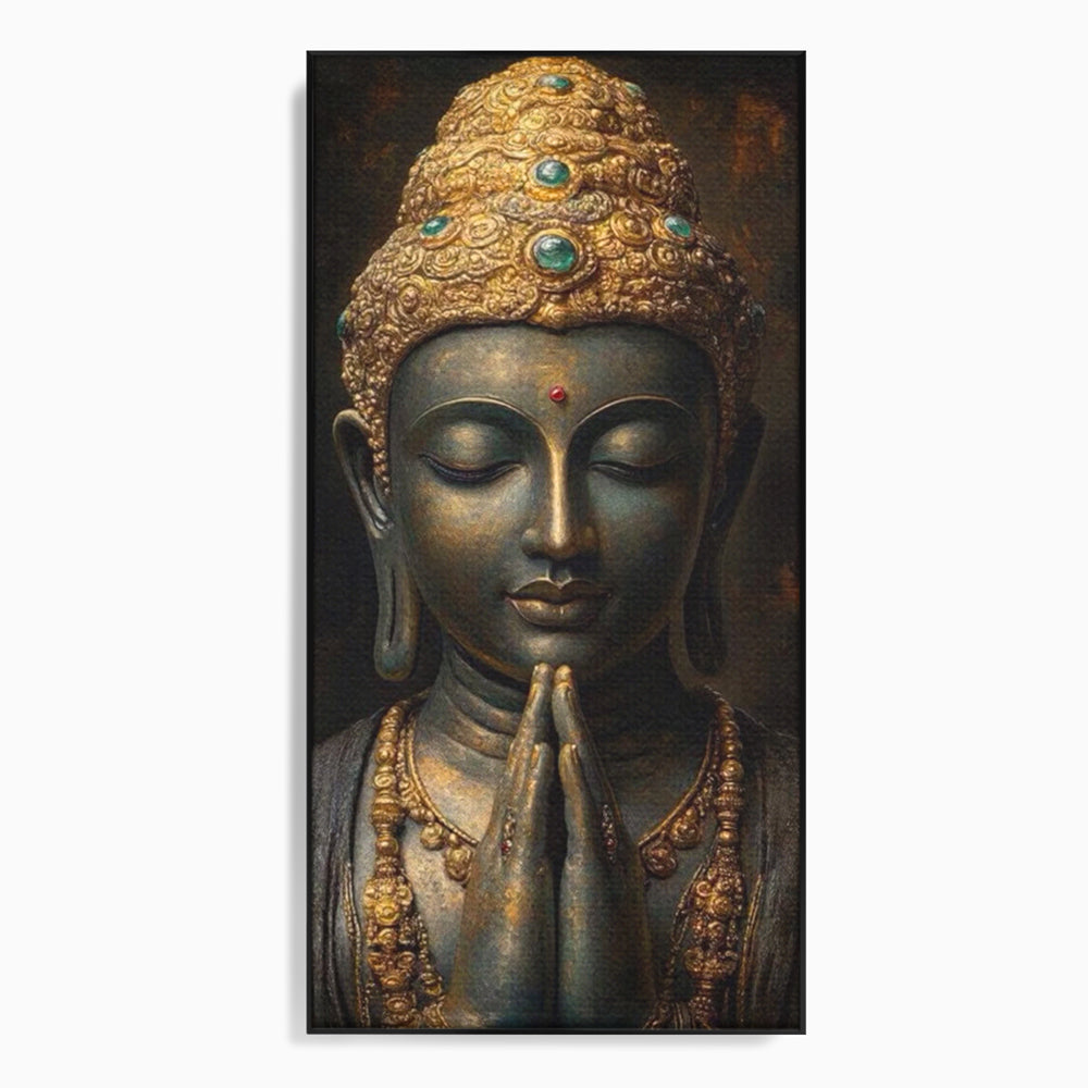 Tablou canvas cu tablou canvas cu buddha in rugaciune, in rama de aluminiu negru