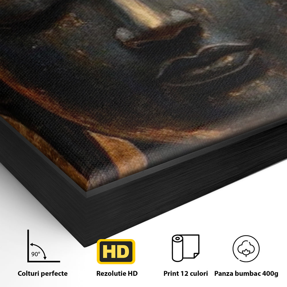 Detaliu al suprafetei: tablou canvas cu capul lui buddha, in rama de aluminiu negru