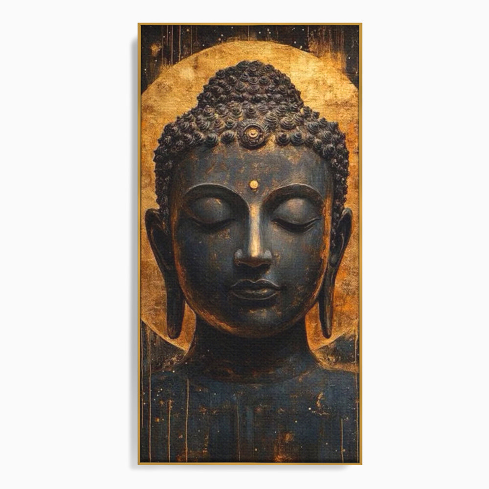 Tablou canvas cu tablou canvas cu capul lui buddha, in rama de aluminiu auriu