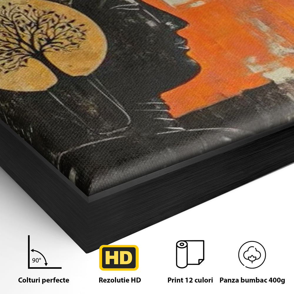 Detaliu al suprafetei: tablou canvas cu profilul lui buddha, in rama de aluminiu negru