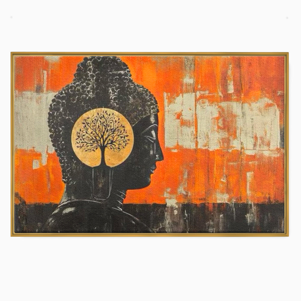 Tablou canvas cu tablou canvas cu profilul lui buddha, in rama de aluminiu auriu