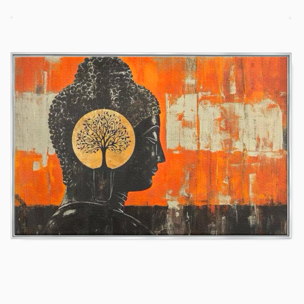 Tablou canvas cu tablou canvas cu profilul lui buddha, in rama de aluminiu argintiu