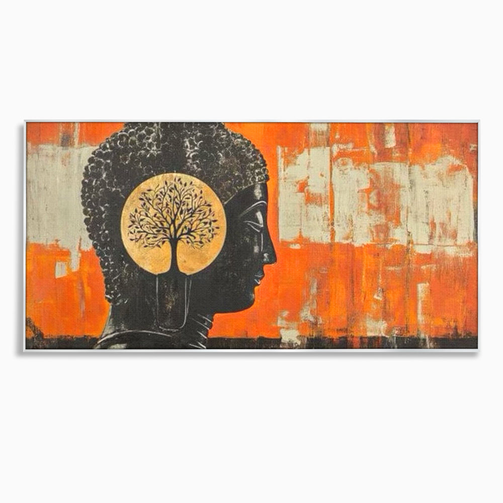 Tablou canvas cu tablou canvas cu profilul lui buddha, in rama de aluminiu argintiu
