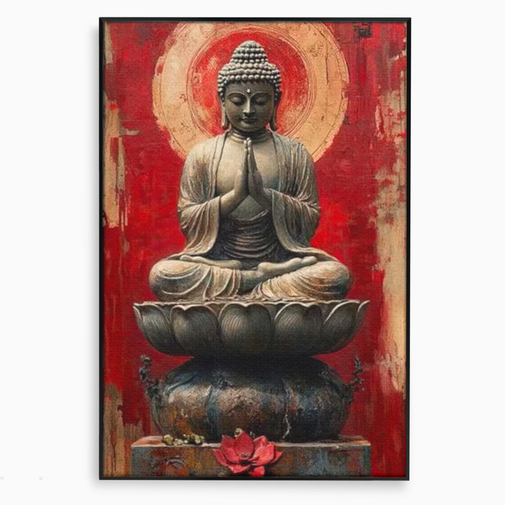 Tablou canvas cu tablou canvas cu statuie buddha pe floare de lotus, in rama de aluminiu negru
